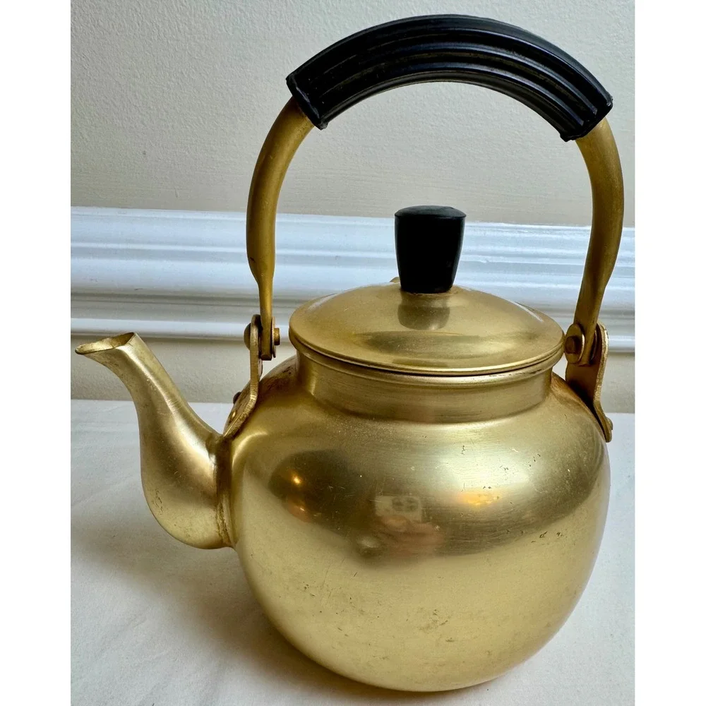 Vintage Gold Aluminum Tea Kettle 1QT Small Stovetop Teapot Farmhouse Decor